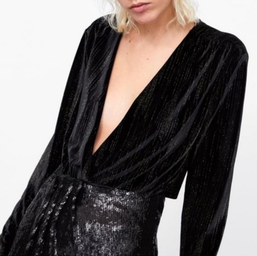 Zara Shimmering Black Deep V-Neck Bodysuit